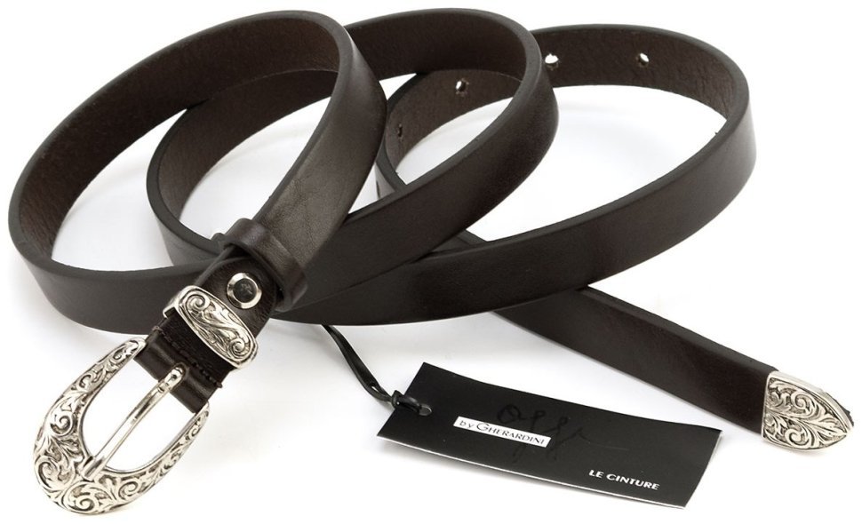 Красивий вузький жіночий італійський шкіряний ремінь із пряжкою з візерунками Gherardini 20105 темно-коричневий modnotak фото №5