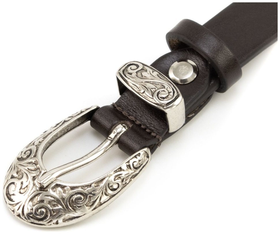 Красивий вузький жіночий італійський шкіряний ремінь із пряжкою з візерунками Gherardini 20105 темно-коричневий modnotak фото №2