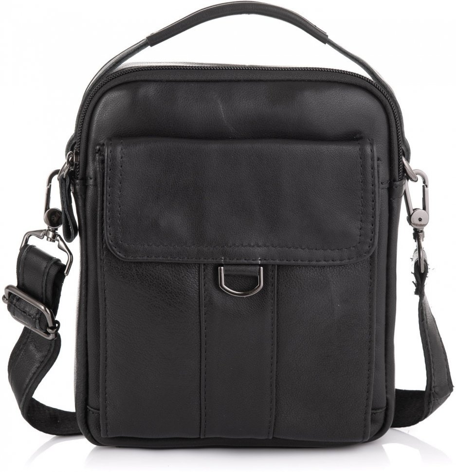 Мужская наплечная сумка-барсетка черного цвета из натуральной кожи Tiding Bag (15912)