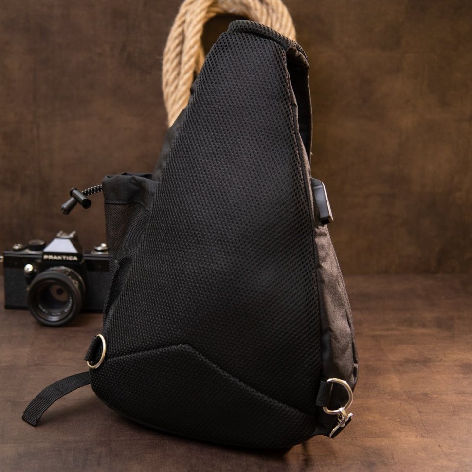 Текстильна сумка через плече чорного кольору на блискавці Vintage (20550)