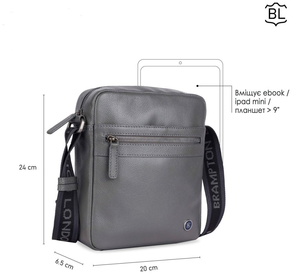 Мужская сумка из натуральной фактурной кожи через плечо Brampton London Crossflow 94537 серого цвета modnotak фото №9