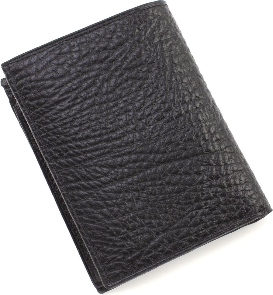 Черное мужское портмоне из натуральной кожи с крупно-выраженной фактурой без застежки KARYA (18334)