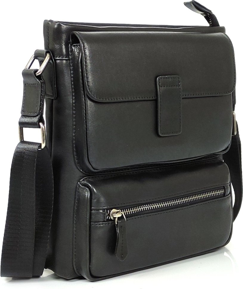 Чоловіча плечова сумка чорного кольору з гладкої шкіри Tiding Bag (21221)