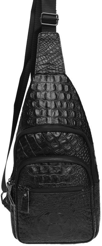 Мужская черная сумка слинг с фактурой под крокодила Borsa Leather (19327)