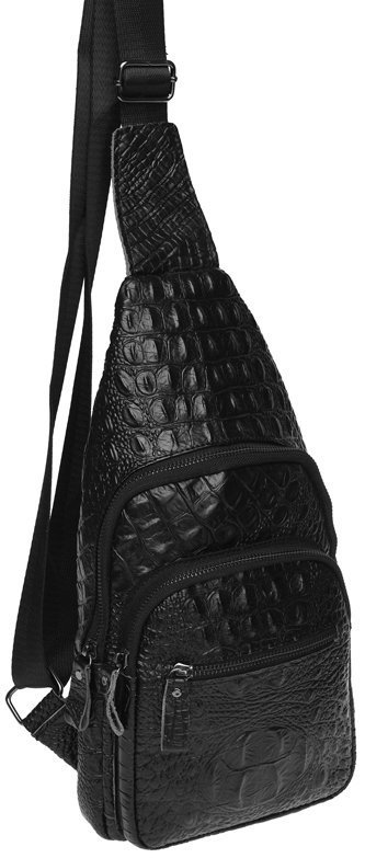 Чоловіча чорна сумка слінг з фактурою під крокодила Borsa Leather (19327)