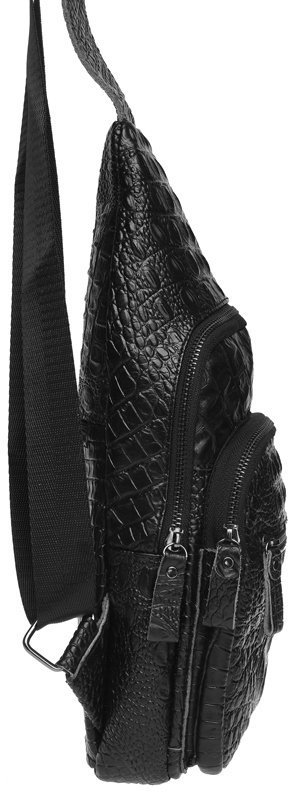 Мужская черная сумка слинг с фактурой под крокодила Borsa Leather (19327)