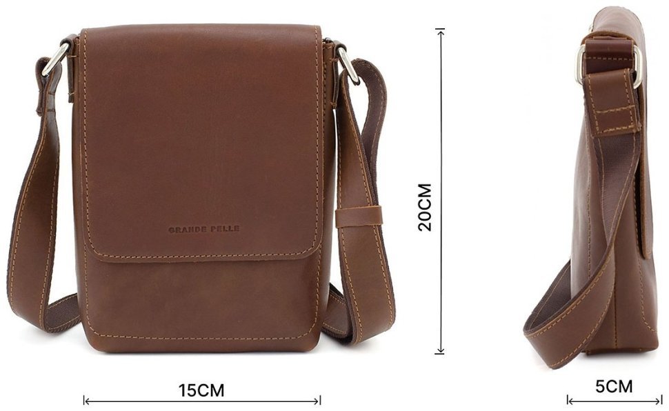Шкіряна чоловіча коричнева сумка через плече високої якості Grande Pelle (10423)