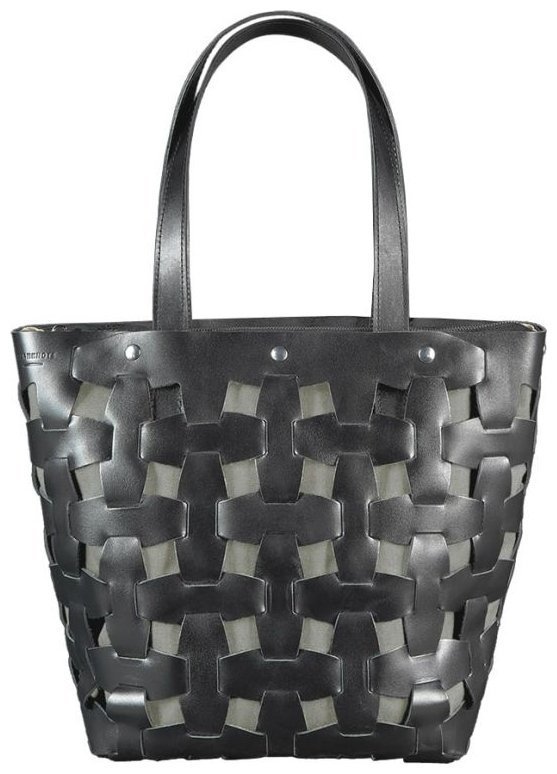 Шкіряна плетена жіноча сумка чорного кольору з двома ручками BlankNote Пазл L 78737