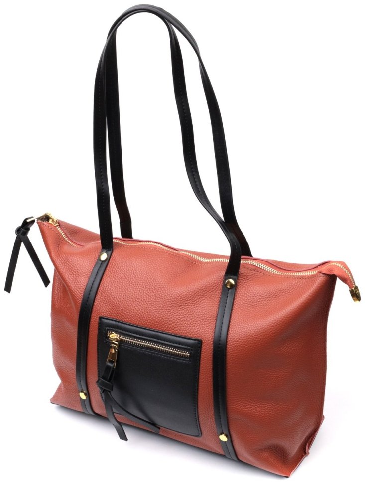 Велика коричнева жіноча сумка з натуральної шкіри з довгими ручками Vintage 2422301