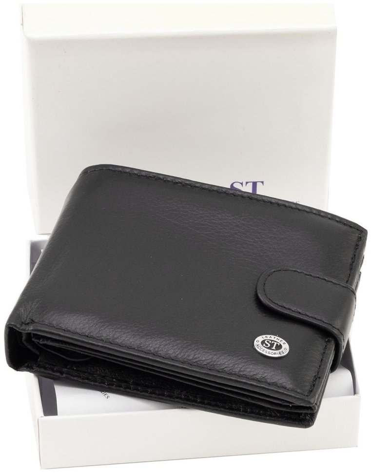 Мужское кожаное портмоне с дополнительным внутренним блоком на кнопке ST Leather 90838 черного цвета modnotak фото №8