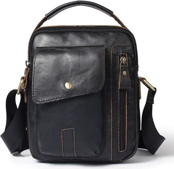 Шкіряна вертикальна наплічна сумка з ручкою в чорному кольорі VINTAGE STYLE (14765)