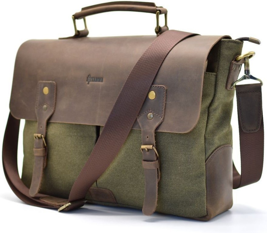 Чоловіча зелена сумка-портфель із текстилю та шкіри від українського бренду TARWA (19915)