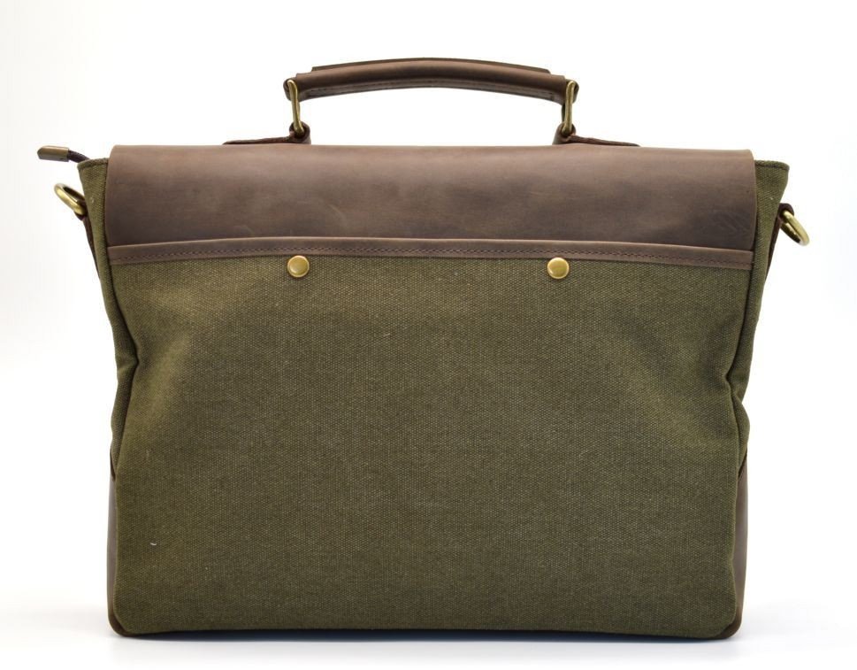 Мужская зеленая сумка-портфель из текстиля и кожи от украинского бренда TARWA (19915)