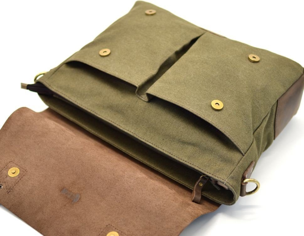 Чоловіча зелена сумка-портфель із текстилю та шкіри від українського бренду TARWA (19915)