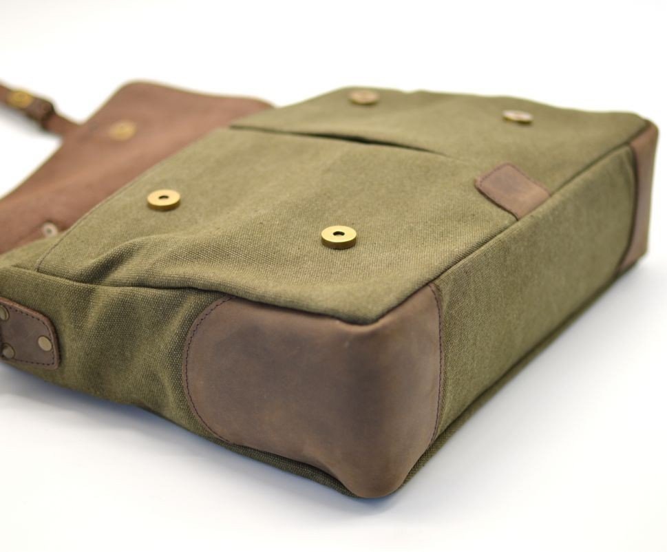 Мужская зеленая сумка-портфель из текстиля и кожи от украинского бренда TARWA (19915)