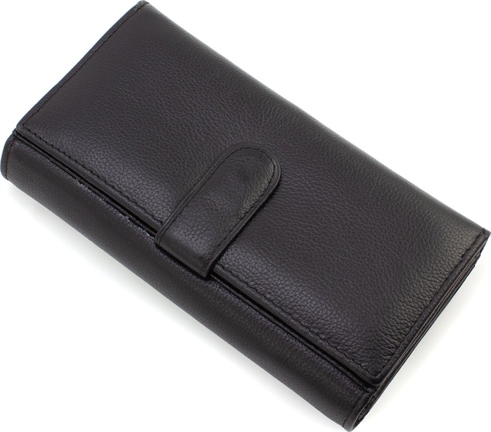 Місткий жіночий гаманець із чорної шкіри під багато купюр та карт ST Leather (21536)