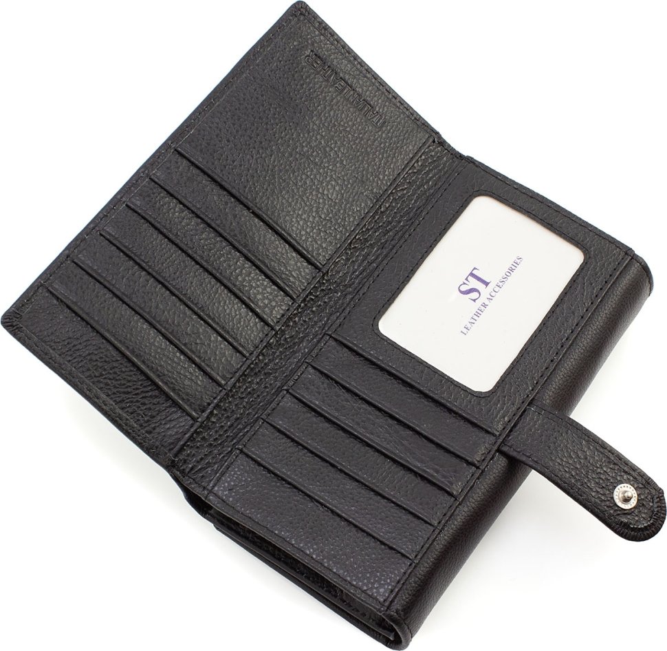 Місткий жіночий гаманець із чорної шкіри під багато купюр та карт ST Leather (21536)