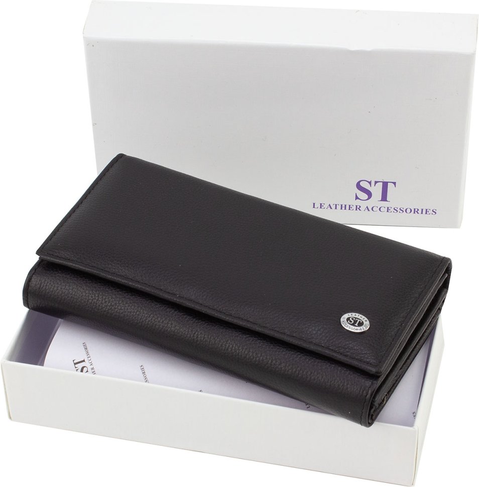 Вместительный женский кошелек из черной кожи под много купюр и карт ST Leather (21536)