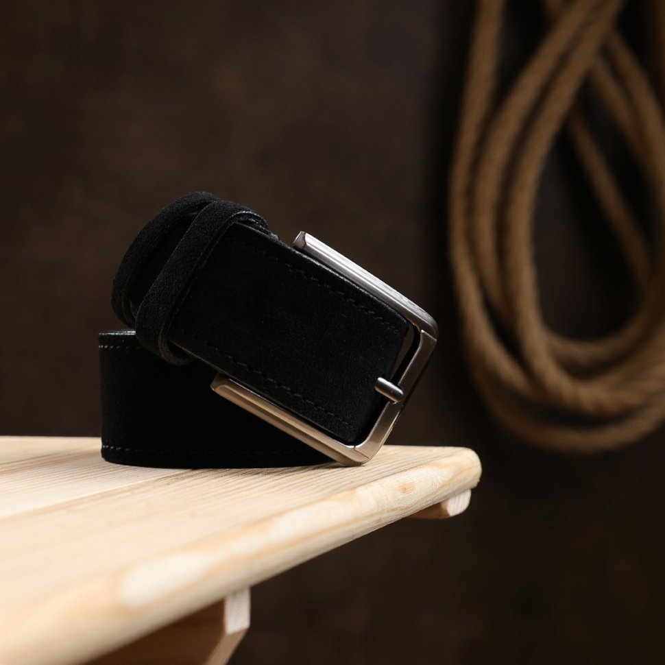 Черный мужской замшевый ремень широкого типа с классической пряжкой Vintage (2420733)