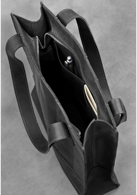 Черная сумка шоппер из натуральной кожи на молнии BlankNote Бэтси (12637)