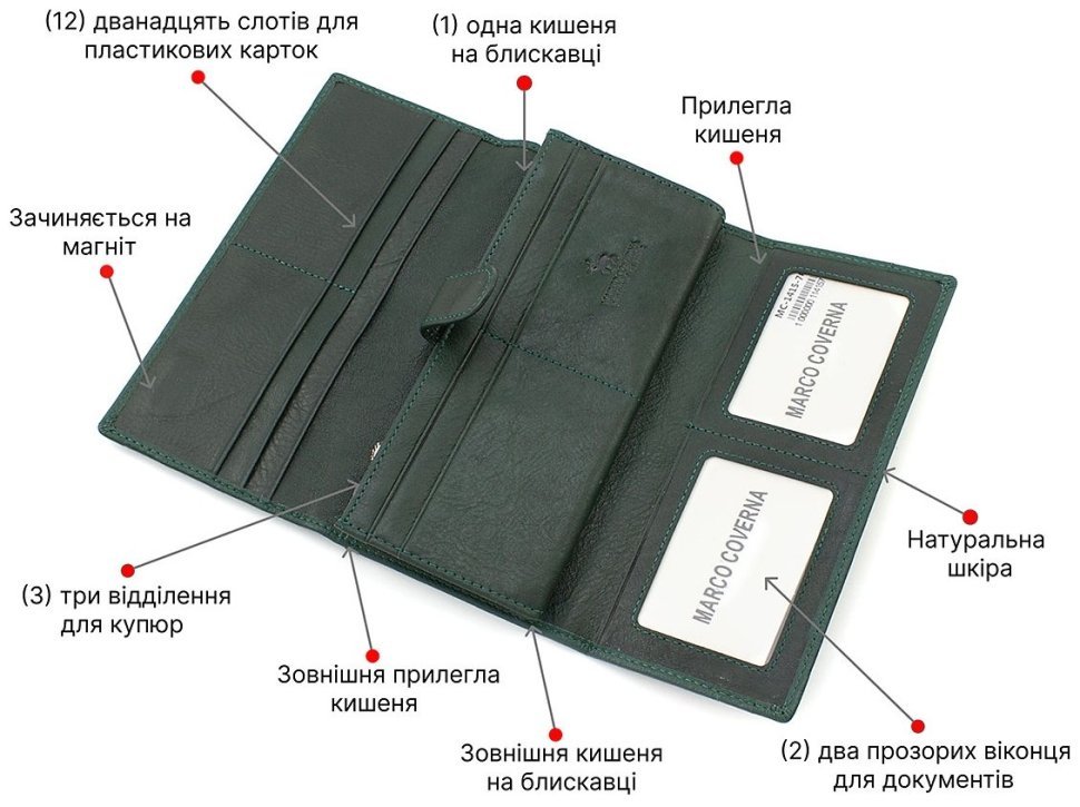 Жіночий шкіряний гаманець зеленого кольору Marco Coverna (17554) modnotak фото №4