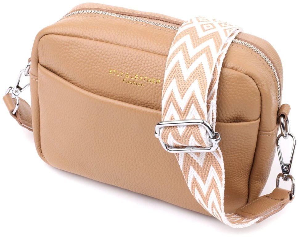 Женская сумка кросс-боди из натуральной фактурной кожи через плечо Vintage бежевого цвета 96938 modnotak фото №1