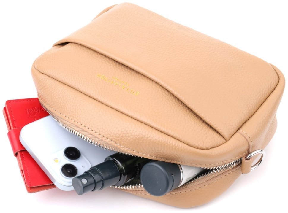 Женская сумка кросс-боди из натуральной фактурной кожи через плечо Vintage бежевого цвета 96938 modnotak фото №6