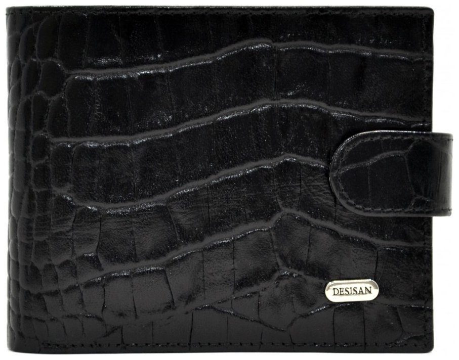 Кожаный мужской кошелек на кнопке с фактурой кроко Desisan 107338 черного цвета фото №1 Кожаный мужской кошелек на кнопке с фактурой кроко Desisan 107338 черного цвета modnotak фото №1