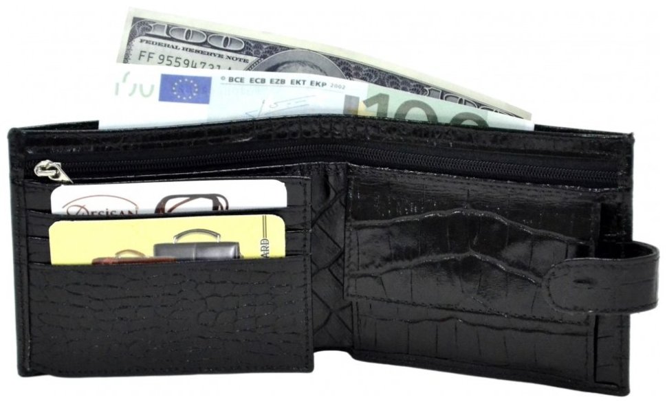 Кожаный мужской кошелек на кнопке с фактурой кроко Desisan 107338 черного цвета фото №3 Кожаный мужской кошелек на кнопке с фактурой кроко Desisan 107338 черного цвета modnotak фото №3