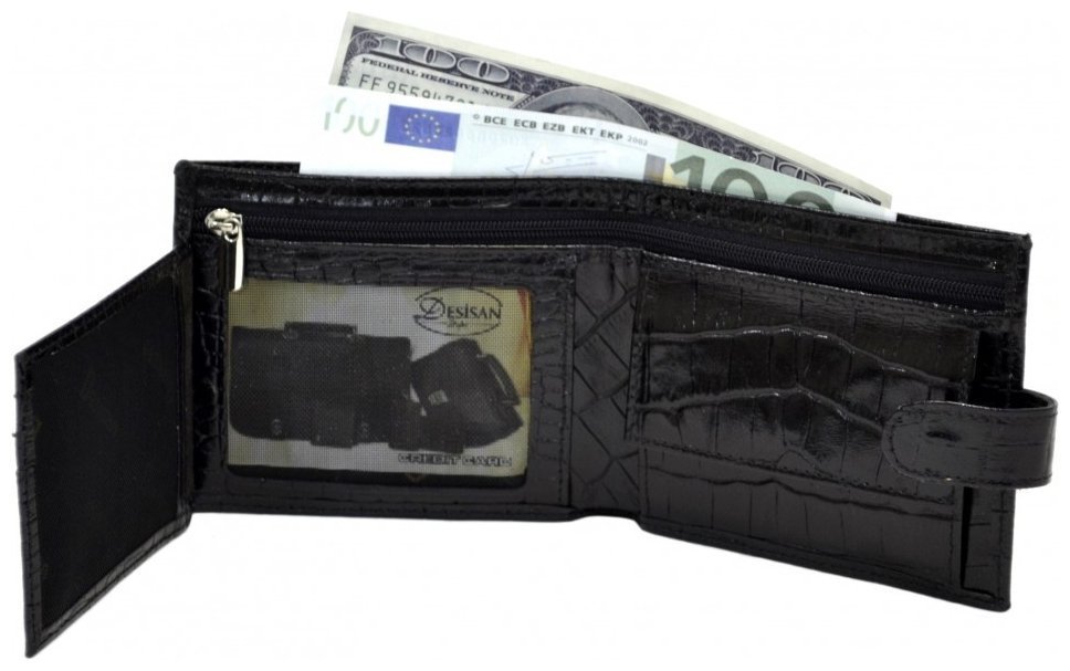 Кожаный мужской кошелек на кнопке с фактурой кроко Desisan 107338 черного цвета фото №4 Кожаный мужской кошелек на кнопке с фактурой кроко Desisan 107338 черного цвета modnotak фото №4