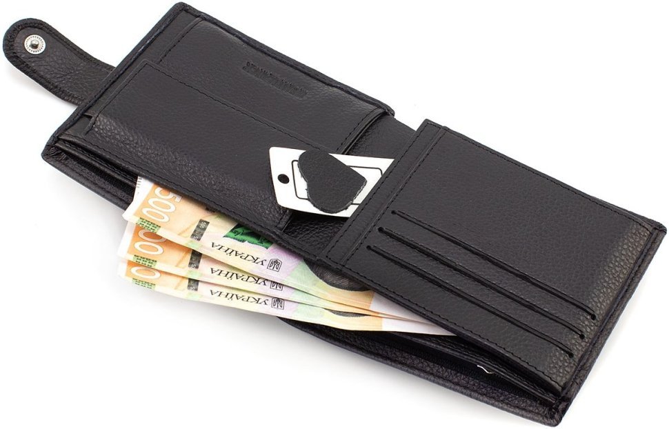 Чоловічий гаманець із натуральної шкіри чорного кольору із кишенею для монет ST Leather 1767438