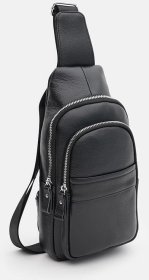 Вместительный мужской рюкзак-слинг из черной кожи через плечо Keizer (59138)