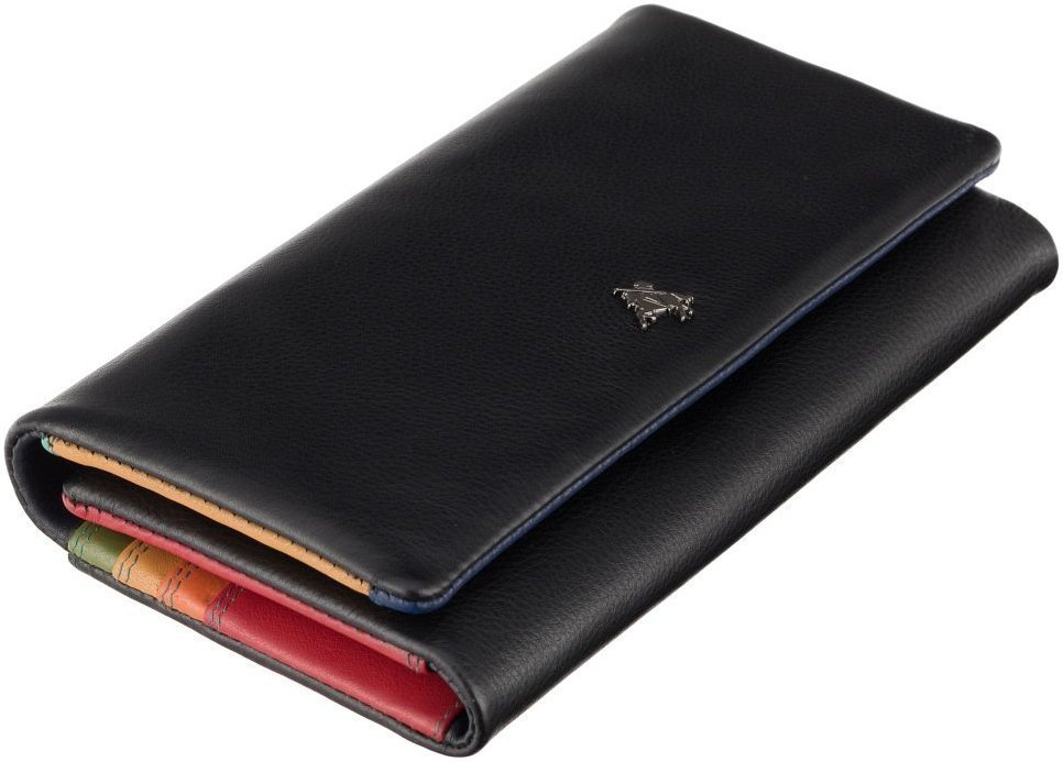 Довгий жіночий гаманець з натуральної шкіри чорного кольору під багато карток Visconti Greta 69238