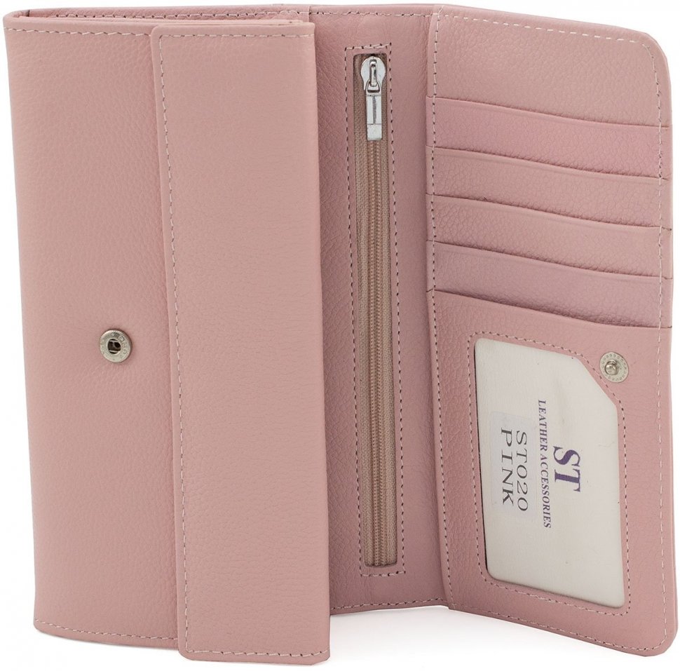 Світло-рожевий великий гаманець з натуральної шкіри з клапаном на кнопці ST Leather (15399)