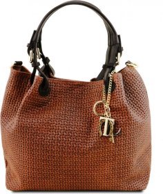 Кожаная женская сумка коричневого цвета с плетеным теснением Tuscany (21798)