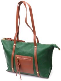 Велика зелена жіноча сумка з натуральної шкіри з довгими ручками Vintage 2422302