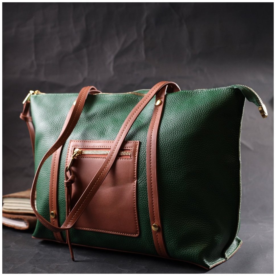 Большая зеленая женская сумка из натуральной кожи с длинными ручками Vintage 2422302