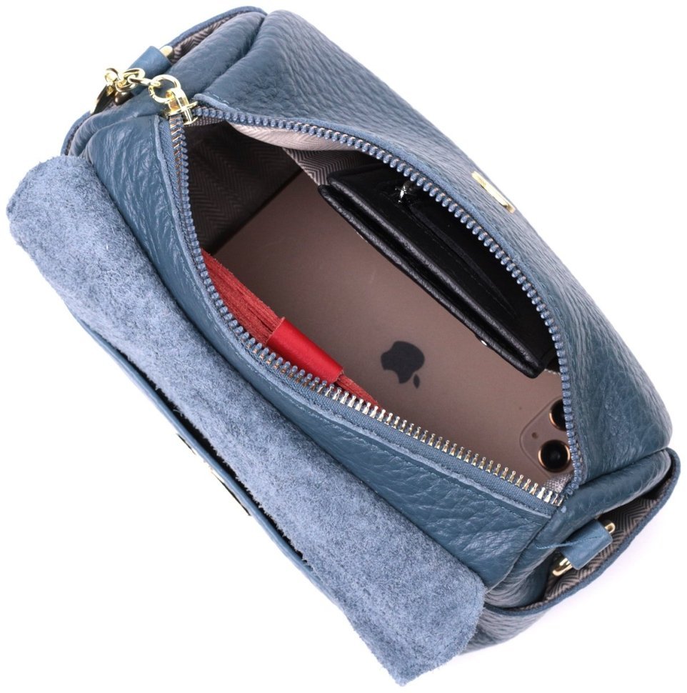 Маленькая женская плечевая сумка из натуральной кожи синего цвета Vintage 2422402