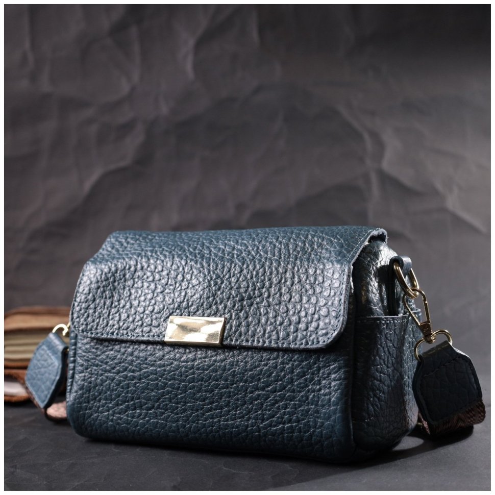 Маленька жіноча плечова сумка з натуральної шкіри синього кольору Vintage 2422402