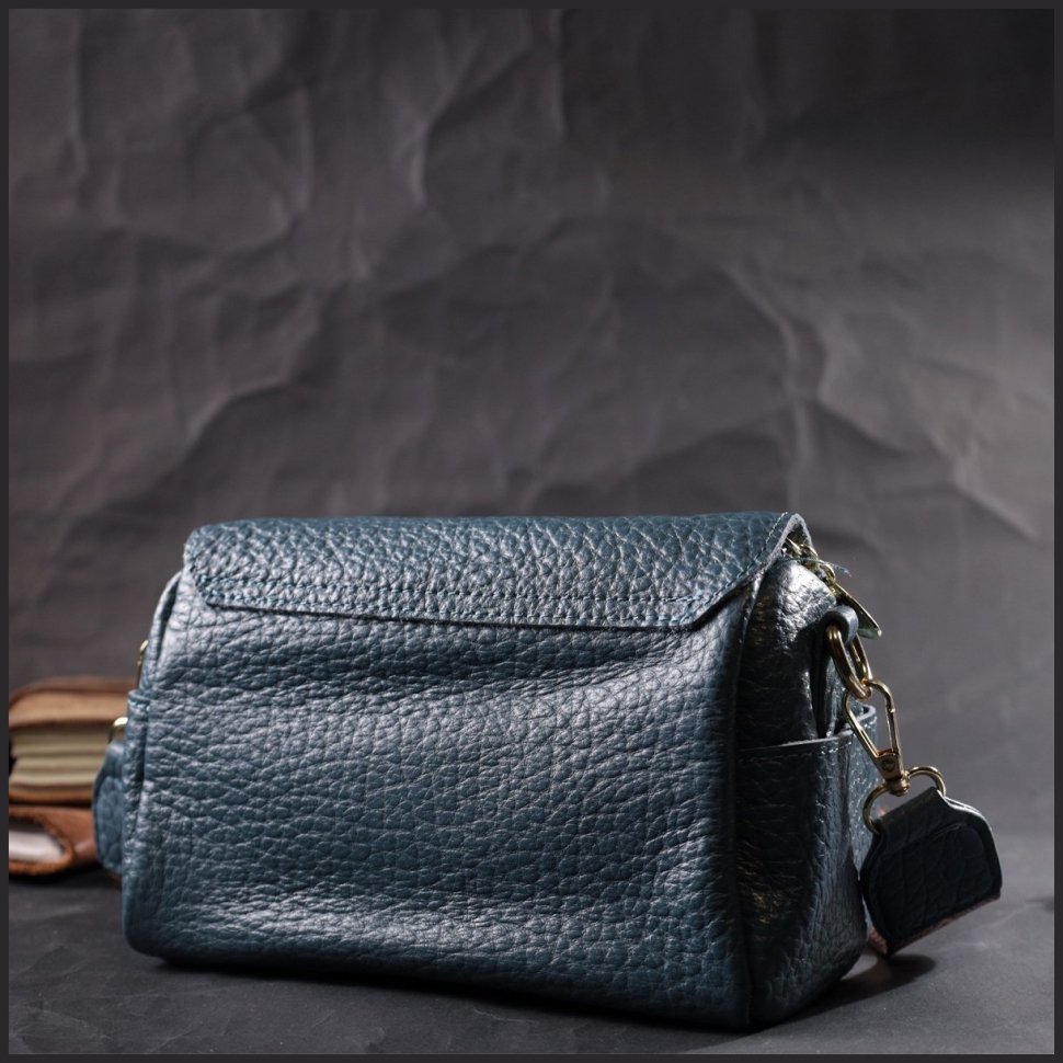 Маленькая женская плечевая сумка из натуральной кожи синего цвета Vintage 2422402