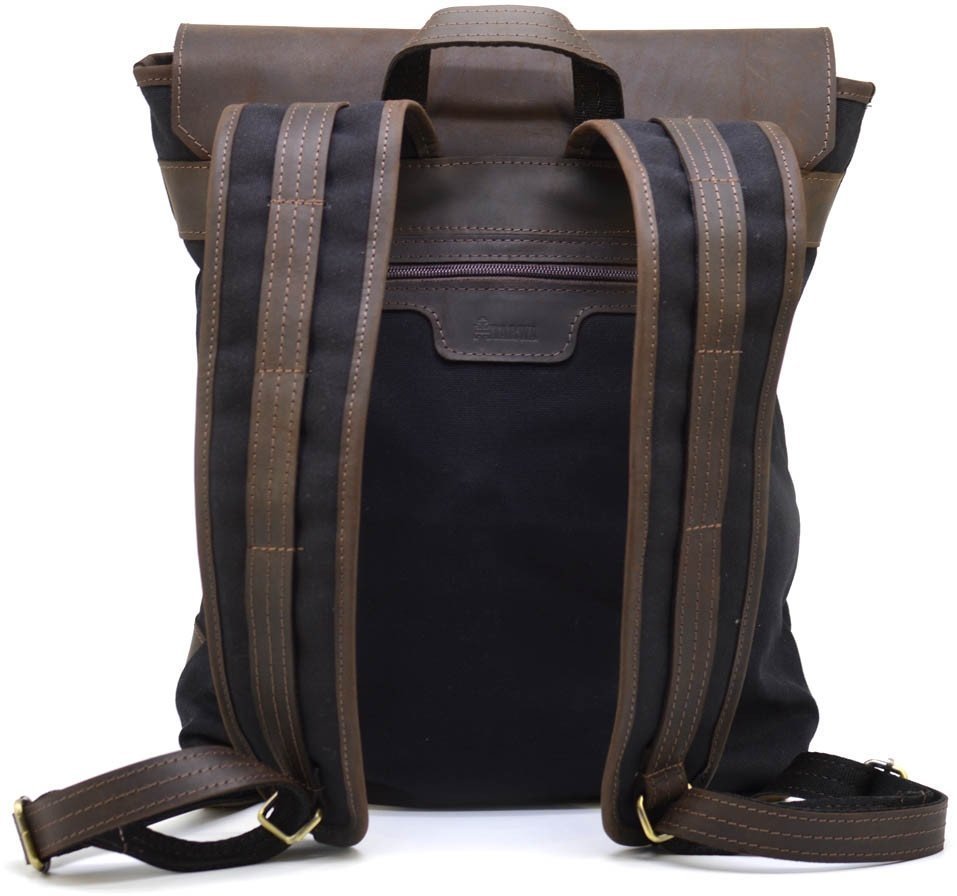 Чорний міський рюкзак для ноутбука з текстилю зі шкіряним клапаном TARWA (19925)