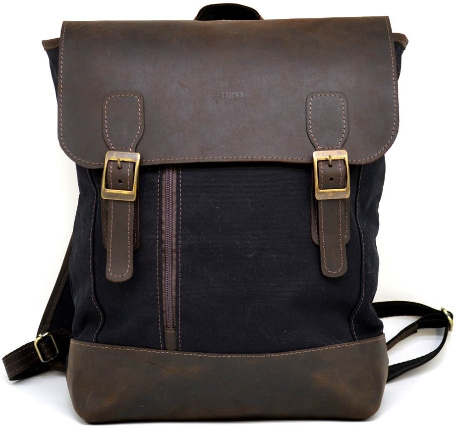 Черный городской рюкзак для ноутбука из текстиля с кожаным клапаном TARWA (19925)
