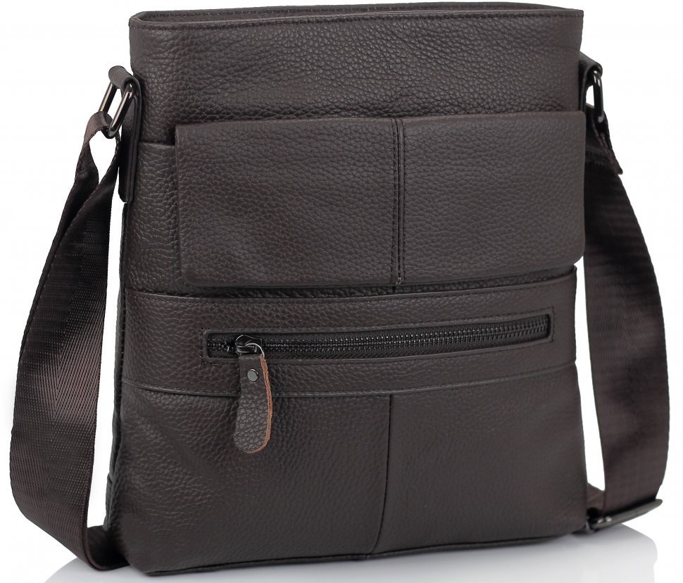 Мужская наплечная сумка-планшет коричневого цвета из натуральной кожи с зернистой фактурой Tiding Bag (15914)