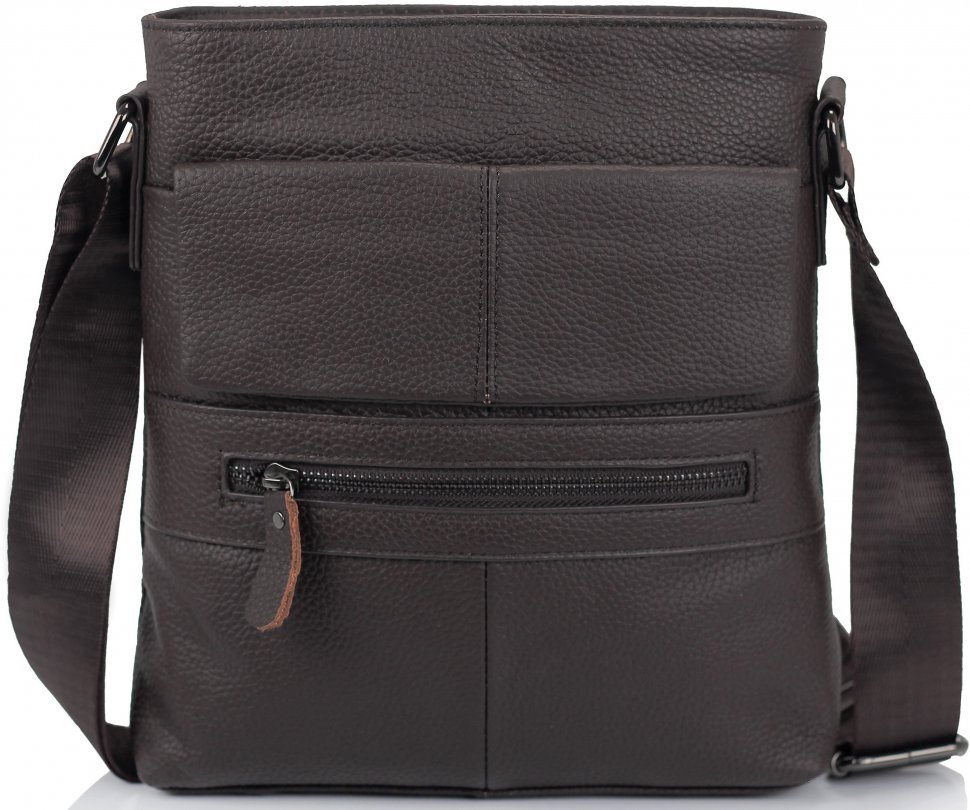 Мужская наплечная сумка-планшет коричневого цвета из натуральной кожи с зернистой фактурой Tiding Bag (15914)