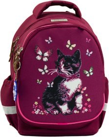 Школьный рюкзак для девочки из бордового текстиля с котиком Bagland Butterfly 55639