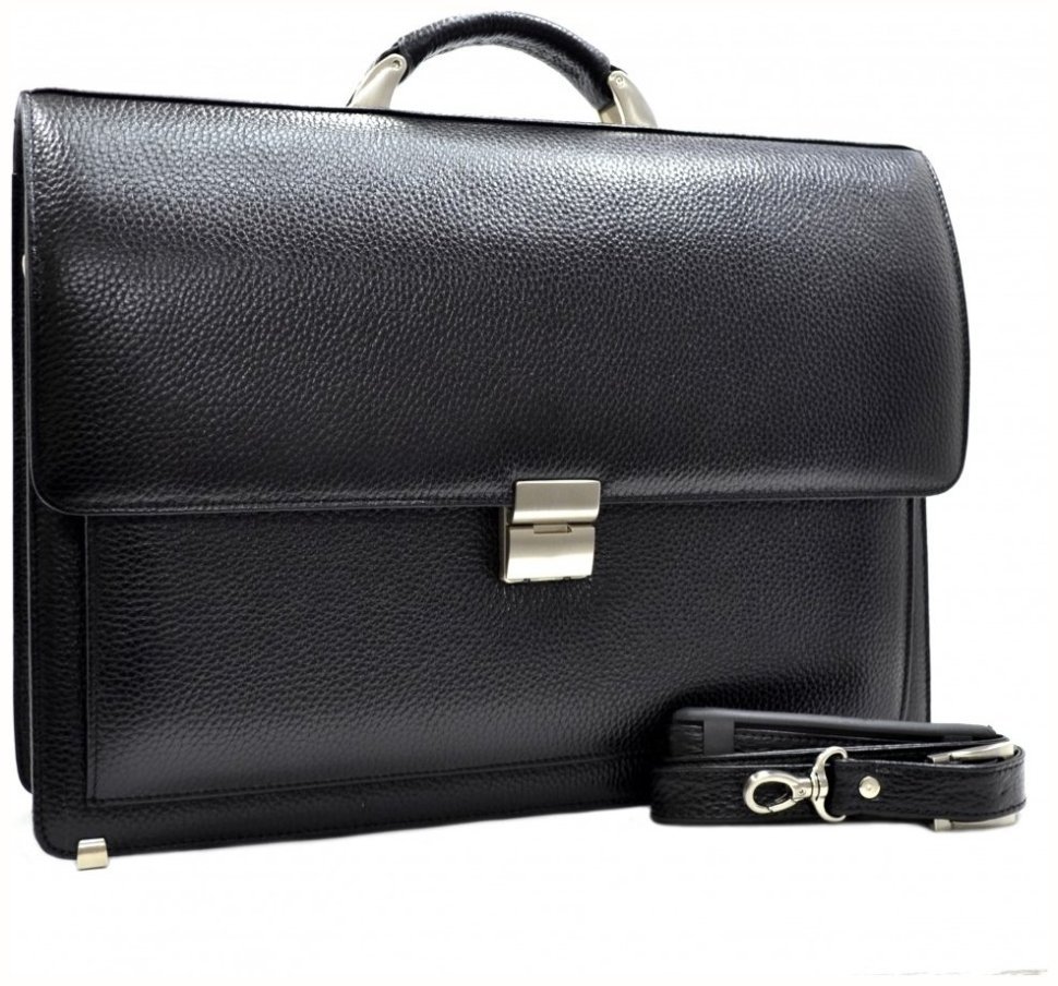 Деловой мужской портфель из натуральной кожи флотар черного цвета Desisan 106939 с плечевым ремнем modnotak фото №3