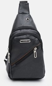 Мужской недорогой рюкзак-слинг через плечо из кожзама черного цвета Monsen (22104)