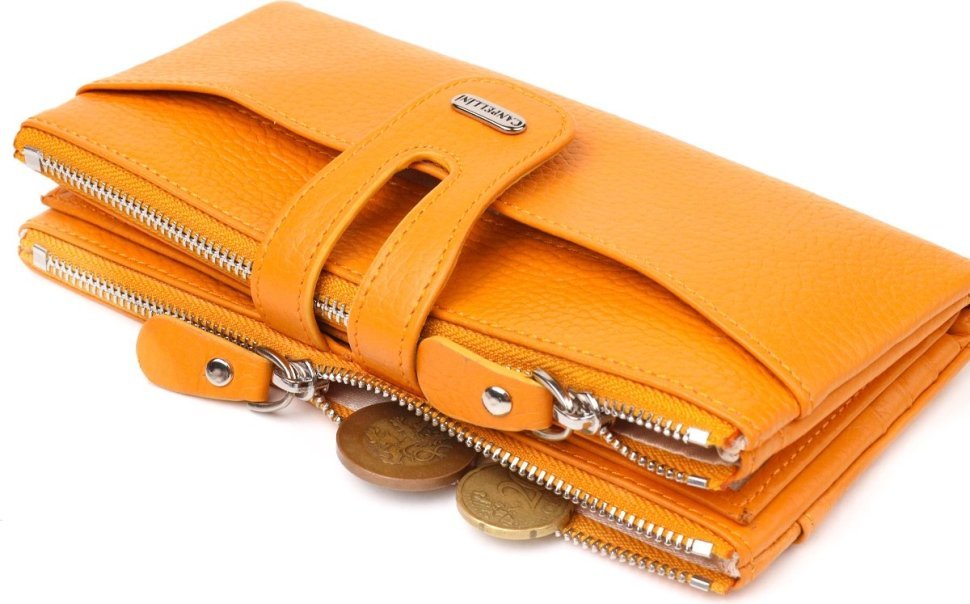 Оранжевый женский кошелек из натуральной зернистой кожи с хлястиком на кнопке CANPELLINI (2421631)