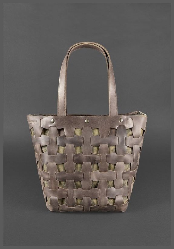 Плетена жіноча сумка із вінтажної шкіри темно-коричневого кольору BlankNote Пазл L 78739