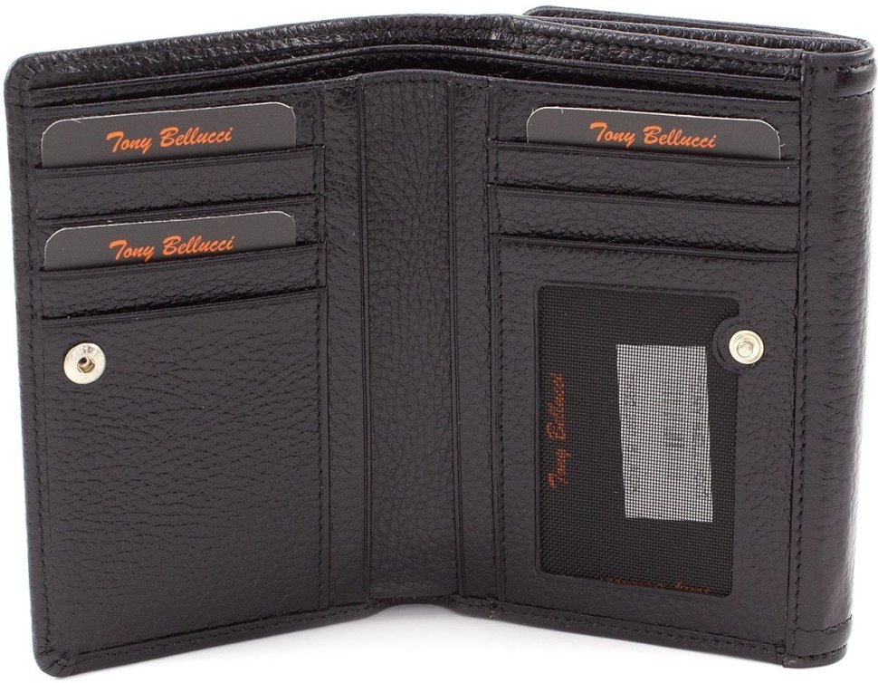 Гарний чорний гаманець з натуральної шкіри з хлястиком Tony Bellucci (12458)
